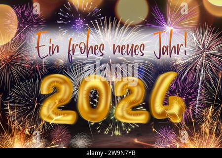 FOTOMONTAGE, Ballons formen die Jahreszahl 2024 vor Feuerwerk mit dem Schriftzug ein frohes neues Jahr, Symbolfoto Neujahr 2024 *** FOTOMONTAGE, Ballons bilden das Jahr 2024 vor Feuerwerk mit den Worten ein frohes neues Jahr, symbolisches Foto Neujahr 2024 Stockfoto