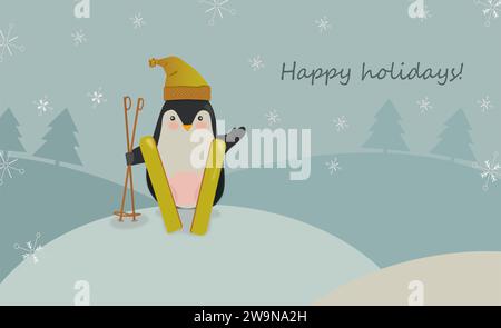 Niedlicher Pinguin auf Skiern, Zeichentrickillustration. Frohe Feiertage! Stockfoto