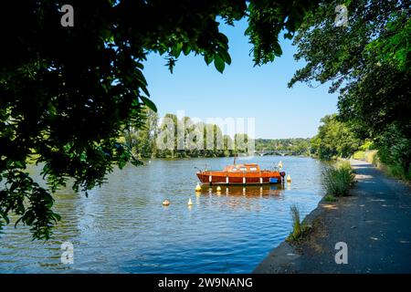 Blick auf das Ruhr bei Mühlheim an der Ruhr. Landschaft am Fluss im Ruhrgebiet. Stockfoto