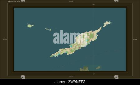 Anguilla wird auf einer topografischen Karte im humanitären OSM-Stil mit dem Hauptpunkt des Landes, kartographischem Raster, Entfernungsskala und Kartenbord hervorgehoben Stockfoto