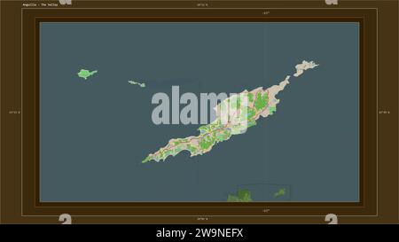 Anguilla wird auf einer topografischen Karte im OSM-France-Stil mit dem Hauptpunkt des Landes, kartographischem Raster, Entfernungsskala und Kartengrenzpunkt hervorgehoben Stockfoto