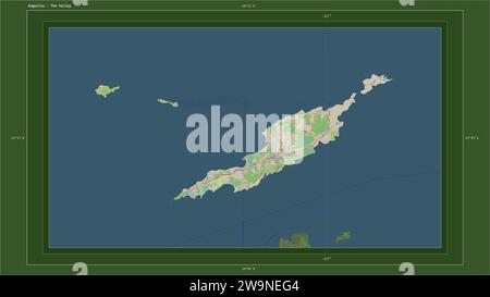 Anguilla wird auf einer topografischen Karte im OSM-Stil mit dem Hauptpunkt des Landes, kartographischem Raster, Entfernungsskala und Kartengrenzenkoordinaten hervorgehoben Stockfoto