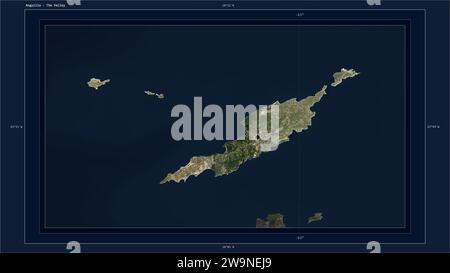 Anguilla wurde auf einer niedrig auflösenden Satellitenkarte mit dem Hauptpunkt des Landes, kartographischem Raster, Entfernungsskala und Kartengrenzkoordina hervorgehoben Stockfoto