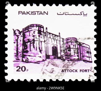 MOSKAU, RUSSLAND - 17. DEZEMBER 2023: Briefmarke gedruckt in Pakistan zeigt Attock Fort, Forts of Pakistan Serie, um 1984 Stockfoto