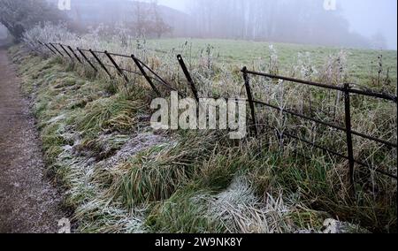 Ein nebeliger Wintermorgen entlang des öffentlichen Fußwegs Arden Way in Warwickshire. Stockfoto