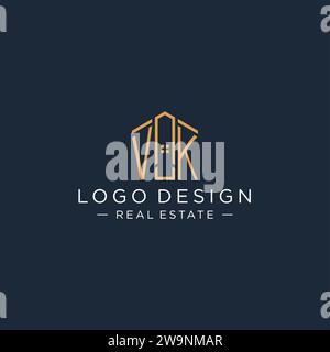 Anfangsbuchstabe VK-Logo mit abstrakter Hausform, luxuriöser und moderner Immobilienlogo-Design-Vektorgrafik Stock Vektor