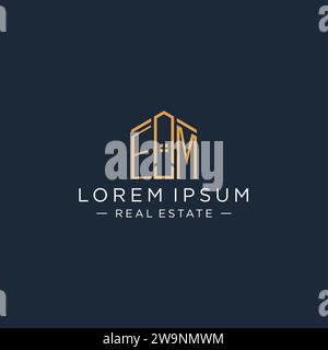 Anfangsbuchstabe EM-Logo mit abstrakter Hausform, luxuriöser und moderner Immobilienlogodesign-Vektorgrafik Stock Vektor