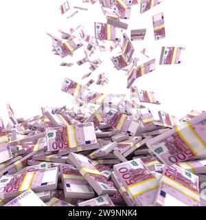 Das Euro-Geld fällt von oben. Isoliert auf weiß. 3D-Rendering Stockfoto
