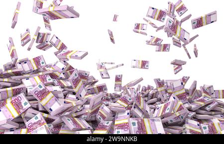 Eurobündel fallen und bilden einen Stapel Detail 3D-Rendering. Isoliert auf weiß Stockfoto