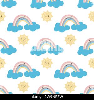 Baby-Regenbogenwolken und nahtloses Kawaii-Muster. Niedlicher Kinderhintergrund mit Charakteren. Handgezeichneter Druck für Babytextilien, Papier, Tapeten Stock Vektor