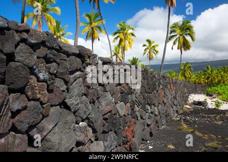 Die Chinesische Mauer mit Palmen, Puuhonua o Honaunau National Historical Park, Hawaii Stockfoto