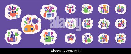 Schlichte Kollektion mit Illustrationen aus Kreaturen und Blättern im auffälligen Stil für Kinder mit lustigem Grafikdesign. Skurrile bunte Vektorzeichnung im fröhlichen Folklore-Stil Stock Vektor