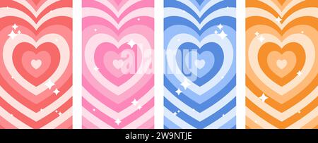 Retro-Vektor-Hintergrund mit einem Herztunnel. Perfekt für Beiträge und Geschichten in sozialen Medien, Banner, Karten und mehr. Mit hellen, glitzernden Sternen dekoriert Stock Vektor