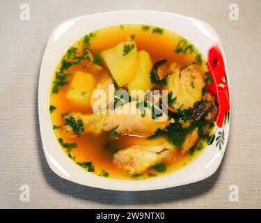 Hausgemachte Shiitake-Suppe mit Hühnchen und Pilzen. Gesunde Ernährung. Stockfoto