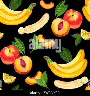 Nahtloses Aquarellmuster. Saftige, reife Früchte: Bananen, Nektarinen, grüne Blätter, Zitronenscheiben und handgemalte Früchte in Aquarellfarben. Stockfoto