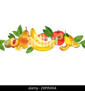 Nahtloser Rand reifer Früchte, gezeichnet in Aquarell auf weißem Hintergrund. Bananen, Birnen, Äpfel, Kiwis, Pfirsiche und Nektarinen handbemalt Stockfoto