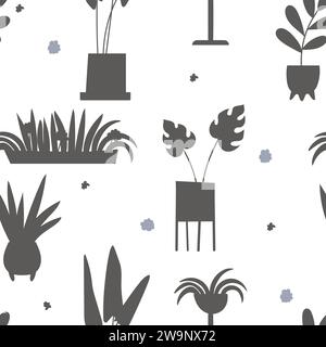 Handgezeichnetes nahtloses Muster mit Blumentöpfen. Kritzeln Sie Pflanzen Silhouetten. Stock Vektor