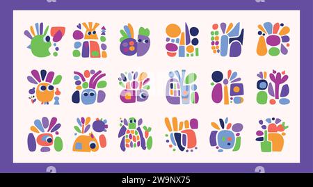 Schlichte Kollektion mit Illustrationen aus Kreaturen und Blättern im auffälligen Stil für Kinder mit lustigem Grafikdesign. Skurrile bunte Vektorzeichnung im fröhlichen Folklore-Stil Stock Vektor