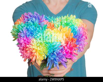 Der Mann hält einen Strauß farbiger Chrysanthemen aus, herzförmig, isoliert Stockfoto