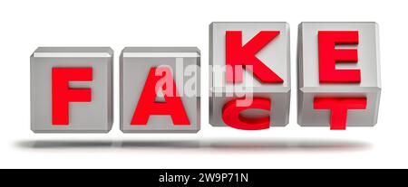 Würfel mit Buchstaben werden umgedreht, und die Wörter ändern sich von FAKT zu FAKE. Isoliert auf weiß Stockfoto