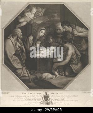 Das Christuskind liegt auf einem Holzkasten, die Jungfrau kniete im Gebet vor ihm, der hl. Josef links, die Hirten rechts, in einem achteckigen Rahmen, nach Reni 1951 von Guido Reni Stockfoto