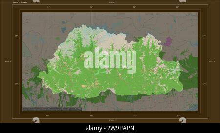 Bhutan wird auf einer topografischen Karte im OSM-France-Stil mit dem Hauptpunkt des Landes, kartographischem Raster, Entfernungsskala und Kartengrenzkoord hervorgehoben Stockfoto