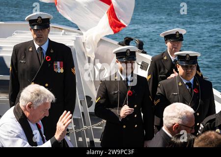 Die erhaltene Korvette der Flower-Klasse HMCS Sackville nimmt jedes Jahr im Mai an einem Gottesdienst und einer Zeremonie am Sonntag der Schlacht am Atlantik Teil. Stockfoto