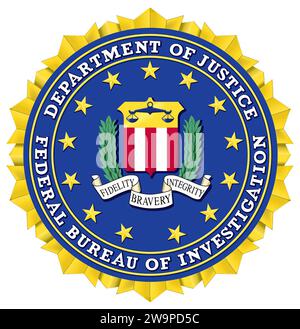 FBI-Logo. Logo des Bundesforschungsamtes. Vom Standpunkt des Urheberrechts aus gemeinfreie Daten, es gelten jedoch andere Einschränkungen. In den USA wird die unbefugte Verwendung von FBI-Siegel, -Namen und -Initialen nach Bundesstrafrecht strafrechtlich verfolgt. Stockfoto