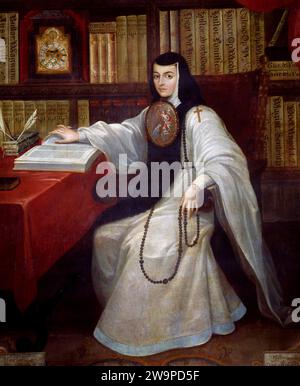 Sor Juana Inés de la Cruz. Porträt der mexikanischen Nonne, Schriftstellerin und Philosoph Juana de Asuaje y Ramírez de Santillana (1648–1695) von Miguel Cabrera, Öl auf Leinwand, um 1750 Stockfoto