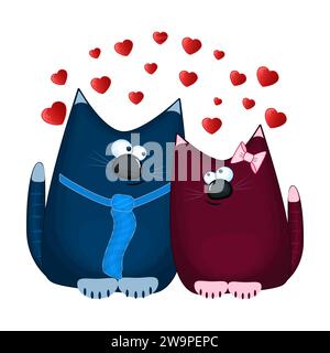 Valentines Kätzchen Paar und viele rote Herzen. Lustige blaue und rote Katze im Cartoon-Stil. Paar Katzen in Liebe. Niedliche Kätzchen Charakter. Stilisierte Kätzchen.Vektor Stock Vektor