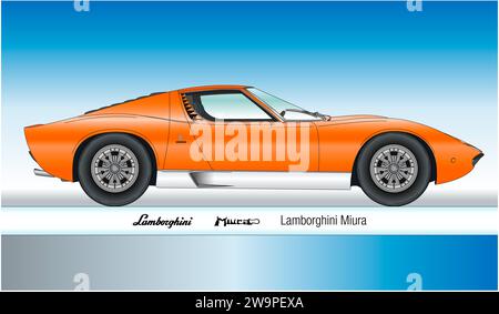 Italien, Jahr 1966, Lamborghini Miura Oldtimer, farbiges Umrissdesign, Illustration Stockfoto