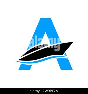 Ursprüngliches Schiffslogo auf Buchstabe A, marineblaues Schild mit Bootssymbol-Vektorvorlage Stock Vektor