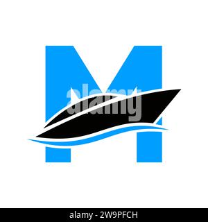 Ursprüngliches Schiffslogo auf Buchstabe M, marineblaues Schild mit Bootssymbol-Vektorvorlage Stock Vektor