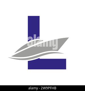 Ursprüngliches Schiffslogo auf Buchstabe L, marineblaues Schild mit Bootssymbol Vektorvorlage Stock Vektor