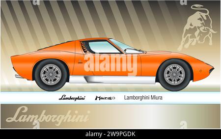 Italien, Jahr 1966, Lamborghini Miura Oldtimer, farbiges Umrissdesign, Illustration Stockfoto