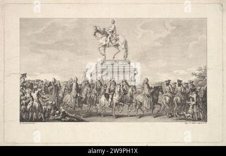 Die Einweihung der Statue Ludwigs XV., Vignette auf Seite 1, aus der Beschreibung des Travaux qui ont, geht voraus. Accompagne et suivi la fonte en Bronze d'un seul Jet de la Statue Equestre de Louis XV le bien-aime Dressee sur les memoires de M. Lempereur ancien Echevin. Par M. Mariette, Honoraire Amateur de l'Academie Royale de Peinture et Sculpture, A Paris de l'Imprimerie de P.G. Le Mercier 1966 von Augustin de Saint-Aubin Stockfoto