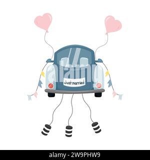 Ein frisch vermähltes Auto mit Ballons, Flaggen und Dosen. Stock Vektor