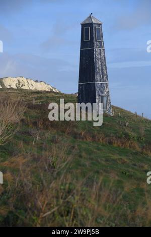 Blauer Leuchtturm Samphire Hoe Stockfoto