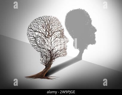 Emotion- und Stimmungsstörung Erholung als Baum in Form zweier menschlicher Gesichter mit einer Hälfte leeren Ästen und der gegenüberliegenden Seite voller Blätter. Stockfoto