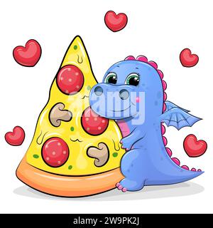 Süßer blauer Drache mit einem großen Stück Pizza. Vektorillustration eines Tieres auf weißem Hintergrund mit roten Herzen. Stock Vektor