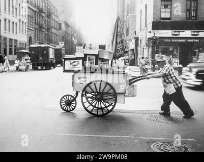 Mann schiebt Hotdog-Wagen auf die andere Straßenseite, New York City, New York, USA, Angelo Rizzuto, Anthony Angel Collection, September 1957 Stockfoto