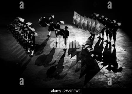 Das Top Secret Drum Corps der Schweiz tritt 2023 beim Royal Nova Scotia International Tattoo in Halifax auf. Stockfoto