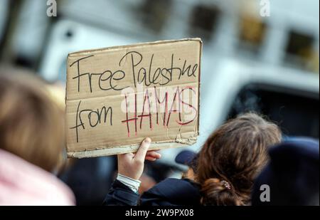 Ein Teilnehmer an der Demonstration Solidaritätsmarsch mit Israel zeigt ein Poster mit der Inschrift Free Palestine aus der Hamas, Berlin, 5. November 2023 Stockfoto