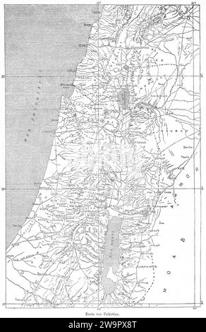 Historische Karte von Palästina, Israel, Jordanien, Syrien, Libanon, Naher Osten, Gradnetz, Totes Meer, Mittelmeer, Jerusalem, Bethlehem, Gaza, Tal Stockfoto