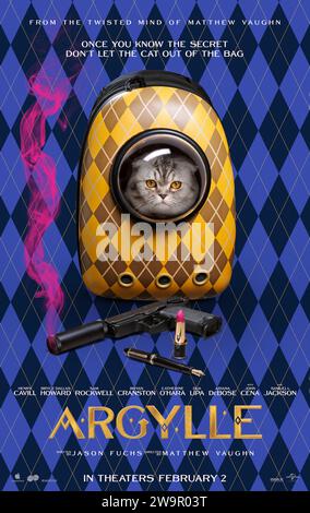 Argylle (2024) unter der Regie von Matthew Vaughn mit Sofia Boutella, Henry Cavill und Dua Lipa. Ein introvertierter Spionageautor wird in die Aktivitäten eines unheimlichen Underground-Syndikats hineingezogen. US Advance Poster ***NUR FÜR REDAKTIONELLE ZWECKE***. Quelle: BFA / Universal Pictures Stockfoto