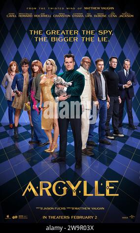 Argylle (2024) unter der Regie von Matthew Vaughn mit Sofia Boutella, Henry Cavill und Dua Lipa. Ein introvertierter Spionageautor wird in die Aktivitäten eines unheimlichen Underground-Syndikats hineingezogen. US-Poster mit einem Blatt ***NUR FÜR REDAKTIONELLE ZWECKE***. Quelle: BFA / Universal Pictures Stockfoto