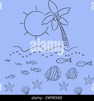 Die Sonne und das Meer. Eine einfache Zeichnung von Meeresbewohnern. Die untergehende Sonne und das Meer mit seinen Kreaturen. Stock Vektor