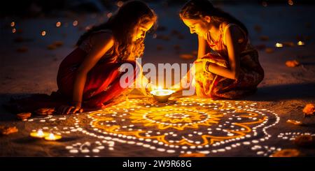 Schwestern zünden Öllampen an oder diya für Diwali Stockfoto