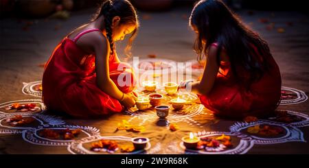 Schwestern zünden Öllampen an oder diya für Diwali Stockfoto