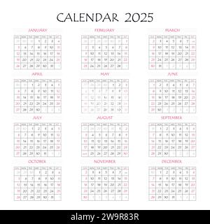 Kalenderplaner 2025. Unternehmenswoche. Vorlagenlayout, 12 Monate jährlich, weißer Hintergrund. Einfaches Design für Geschäftsbroschüren, Flyer, Printmedien Stock Vektor